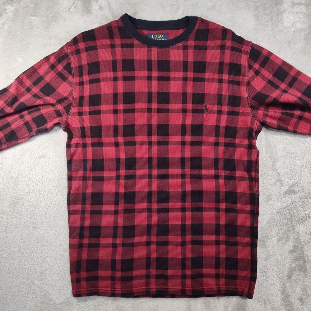 Polo Ralph Lauren Shirt Mens Medium Red Plaid Thermal Long Sleeve Knit Logo - Picture 5 of 9